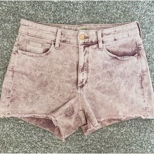 Hi rise midi stretch denim distressed frayed hem shorts